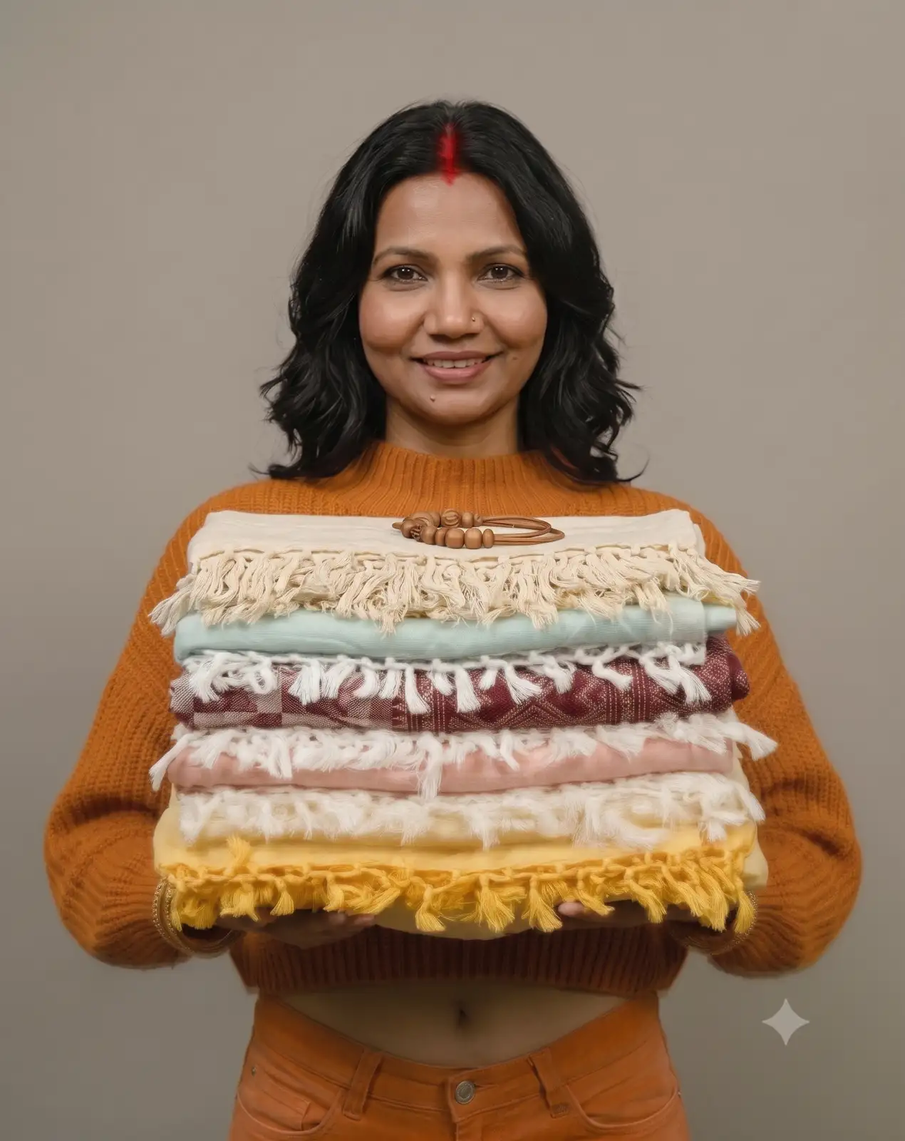 Woman holding a collection of Tassarya Bhagalpuri chaddars