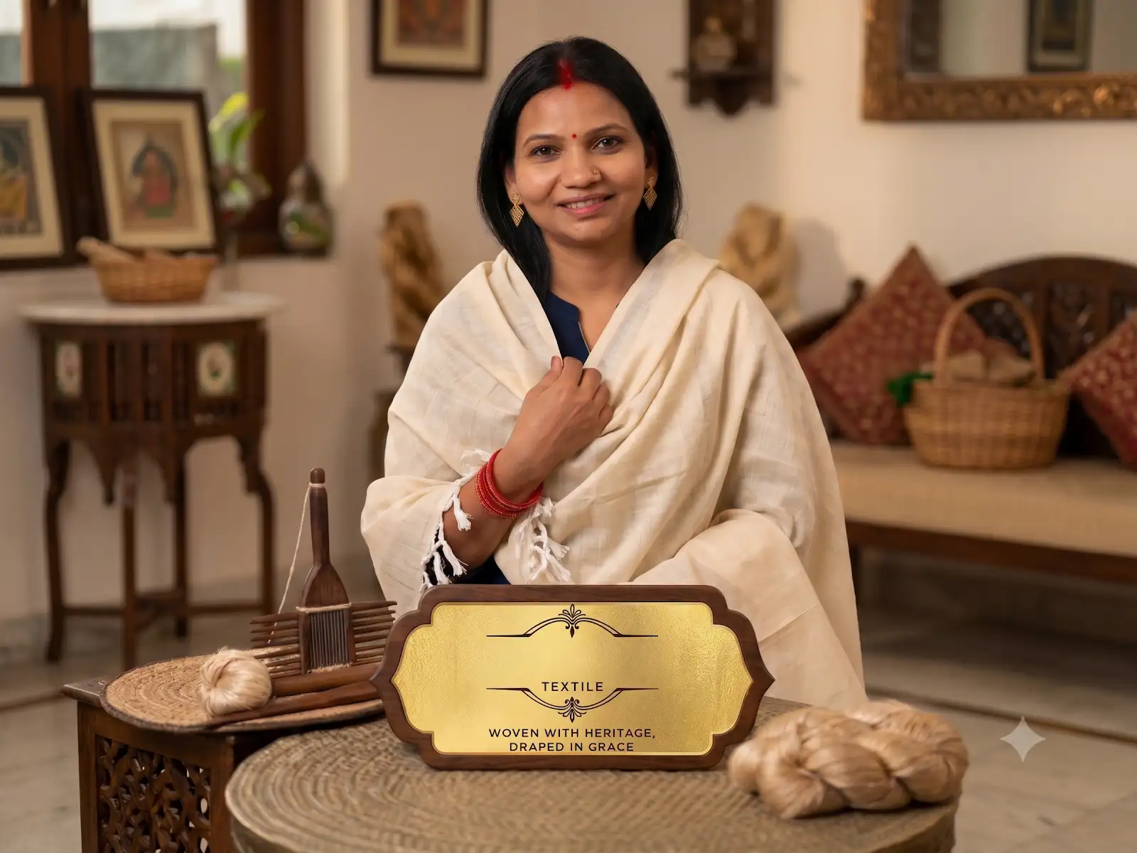Woman wearing a cream Tassarya Bhagalpuri chaddar beside traditional textile tools