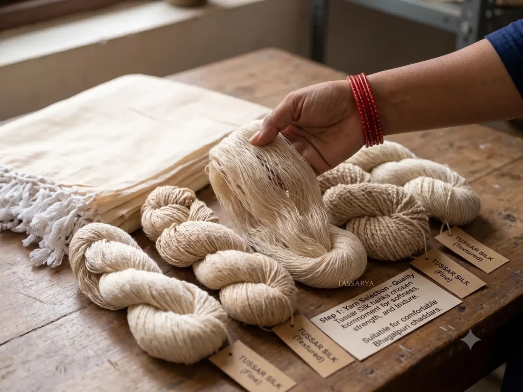 Tussar silk yarn bundles selected for a Bhagalpuri chaddar