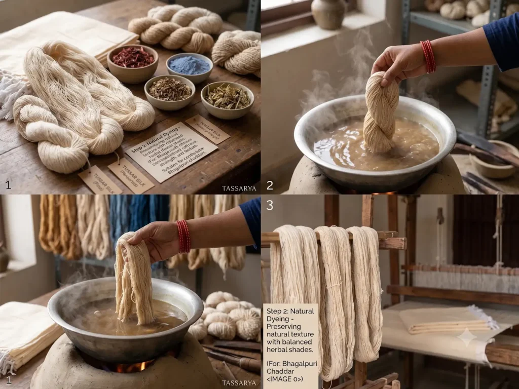 Natural dyeing process for Tussar silk yarn used in Bhagalpuri chaddars