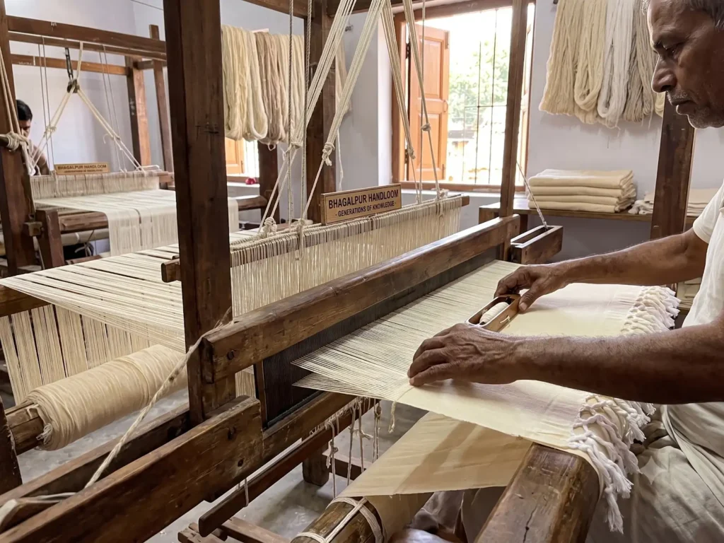Bhagalpuri artisan weaving a chaddar on a traditional handloom